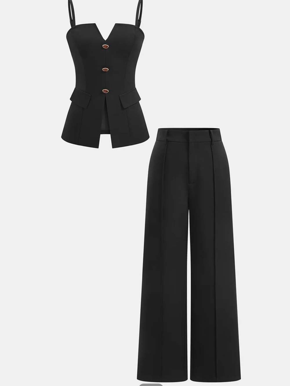 Commense Black Buttoned Cami & High-Waist Wide Leg Pants Set Size M